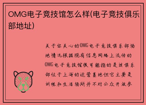 OMG电子竞技馆怎么样(电子竞技俱乐部地址)
